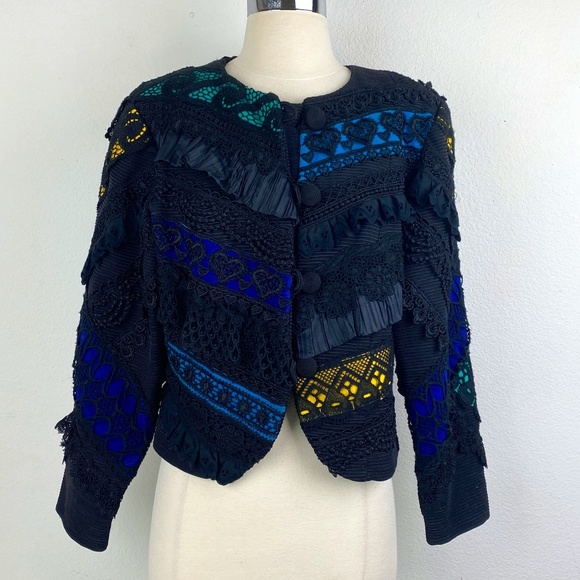 UDO Womens Black Crop Jacket Size 8 Bold Artsy Avant-Garde Ruffles Embroidery - Picture 1 of 13
